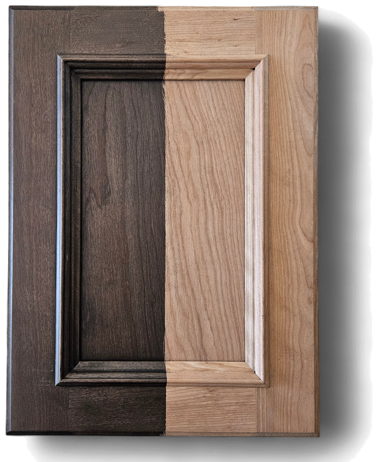 Before and after cabinet door restored with laser cleaning